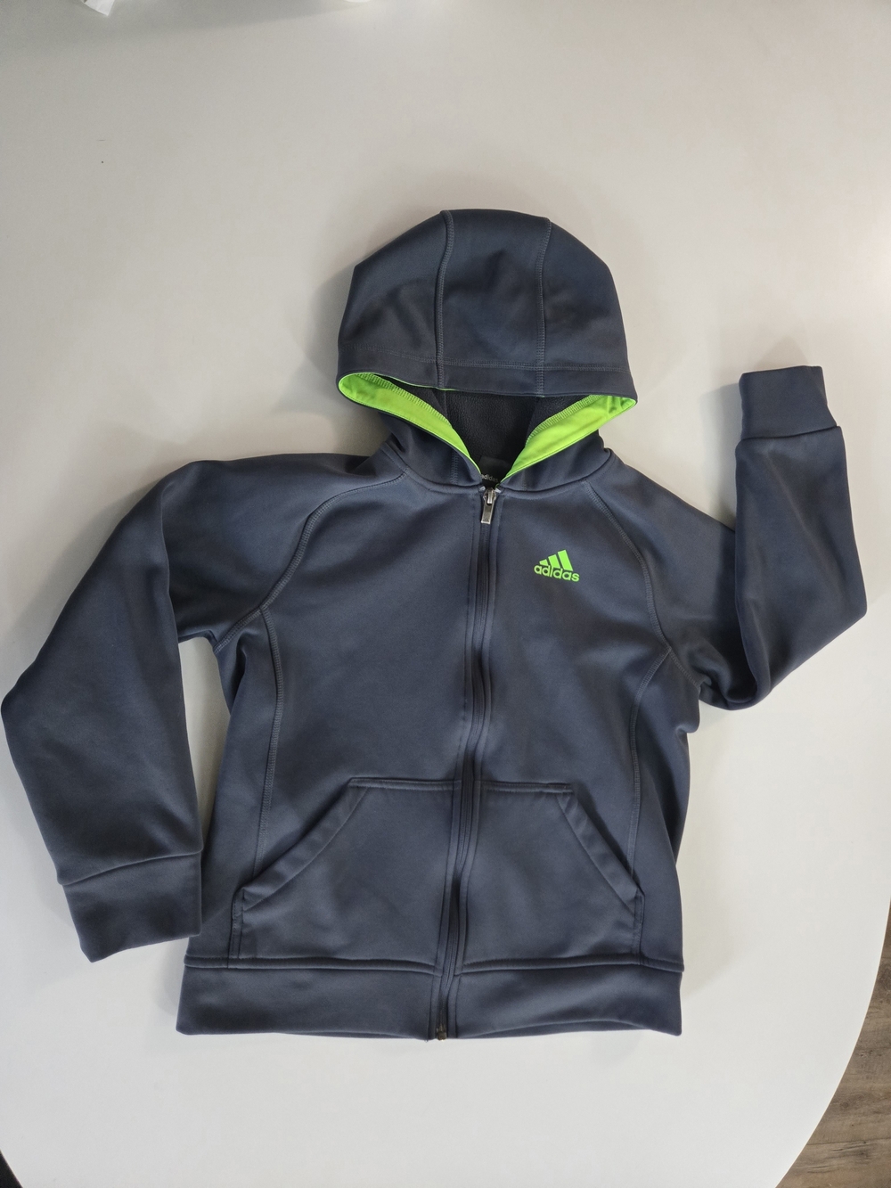 Adidas Kids Navy Hoodie with Bright Green Hood Lining